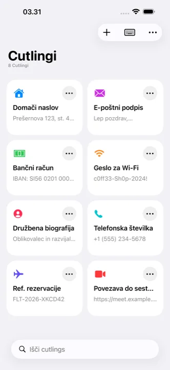 Glavni zaslon aplikacije Cutling s shranjenimi cutlingi