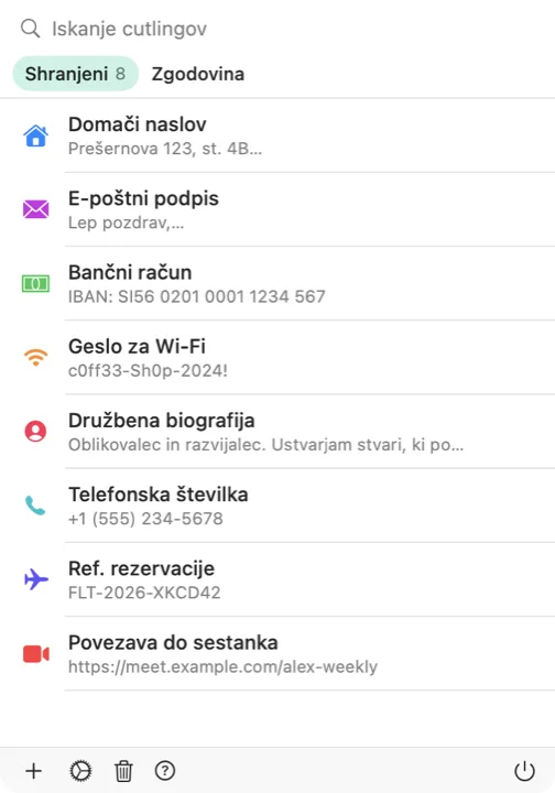 Izbirnik Cutling na Macu s seznamom shranjenih cutlingov