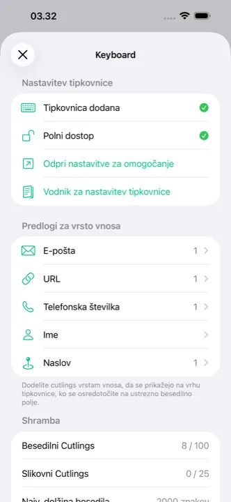 Zaslon z nastavitvami in sinhronizacijo z iCloud
