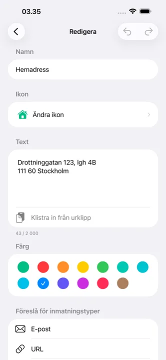 Redigering av en cutling med val av ikon och färg