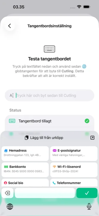 Cutling-tangentbordet öppet på en telefon, med sparade cutlings redo att trycka på