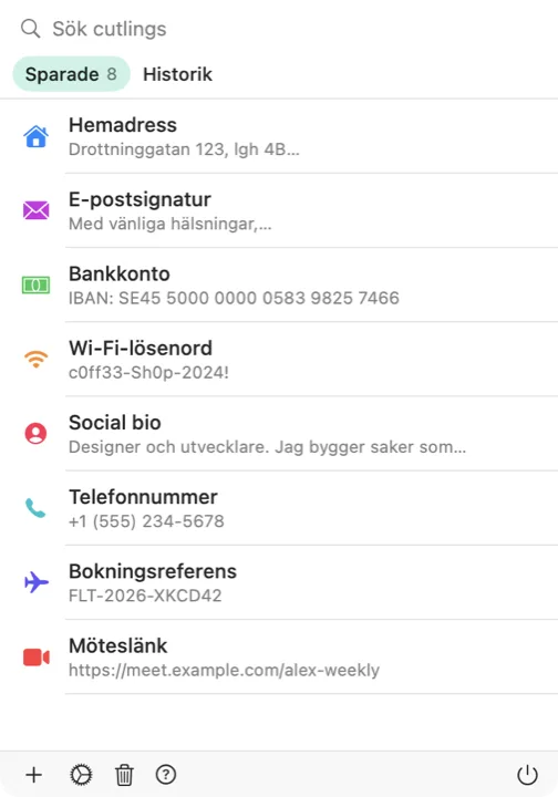 Cutlings väljare på en Mac med en lista över sparade cutlings