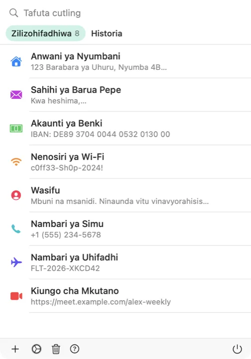 Kichagua cha Cutling kwenye Mac chenye orodha ya Cutling zilizohifadhiwa