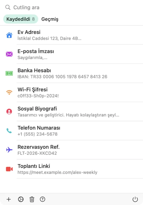 Mac’te Cutling seçicisi, kayıtlı cutling’lerin listesiyle