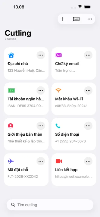 Màn hình chính của Cutling với các cutling đã lưu