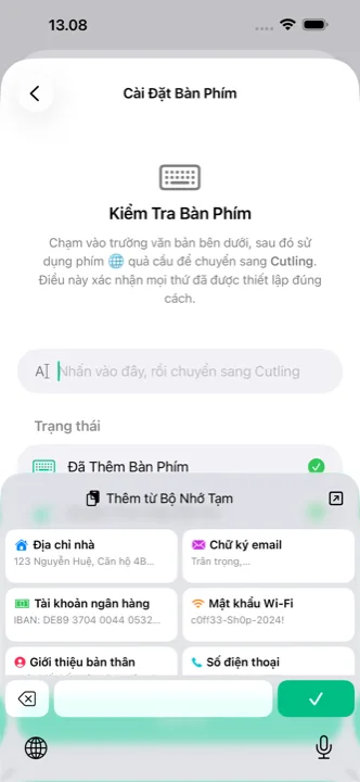 Bàn phím Cutling mở trên điện thoại, các cutling đã lưu sẵn sàng để chạm