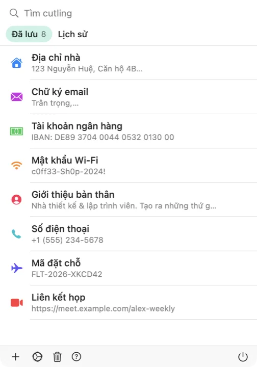 Trình chọn của Cutling trên Mac, liệt kê các cutling đã lưu